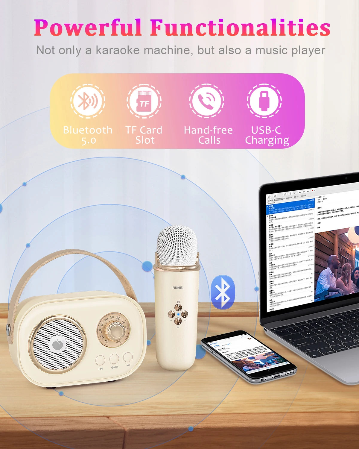 PRUNUS Mini Karaoke Machine With Bluetooth Speaker And Two Mics