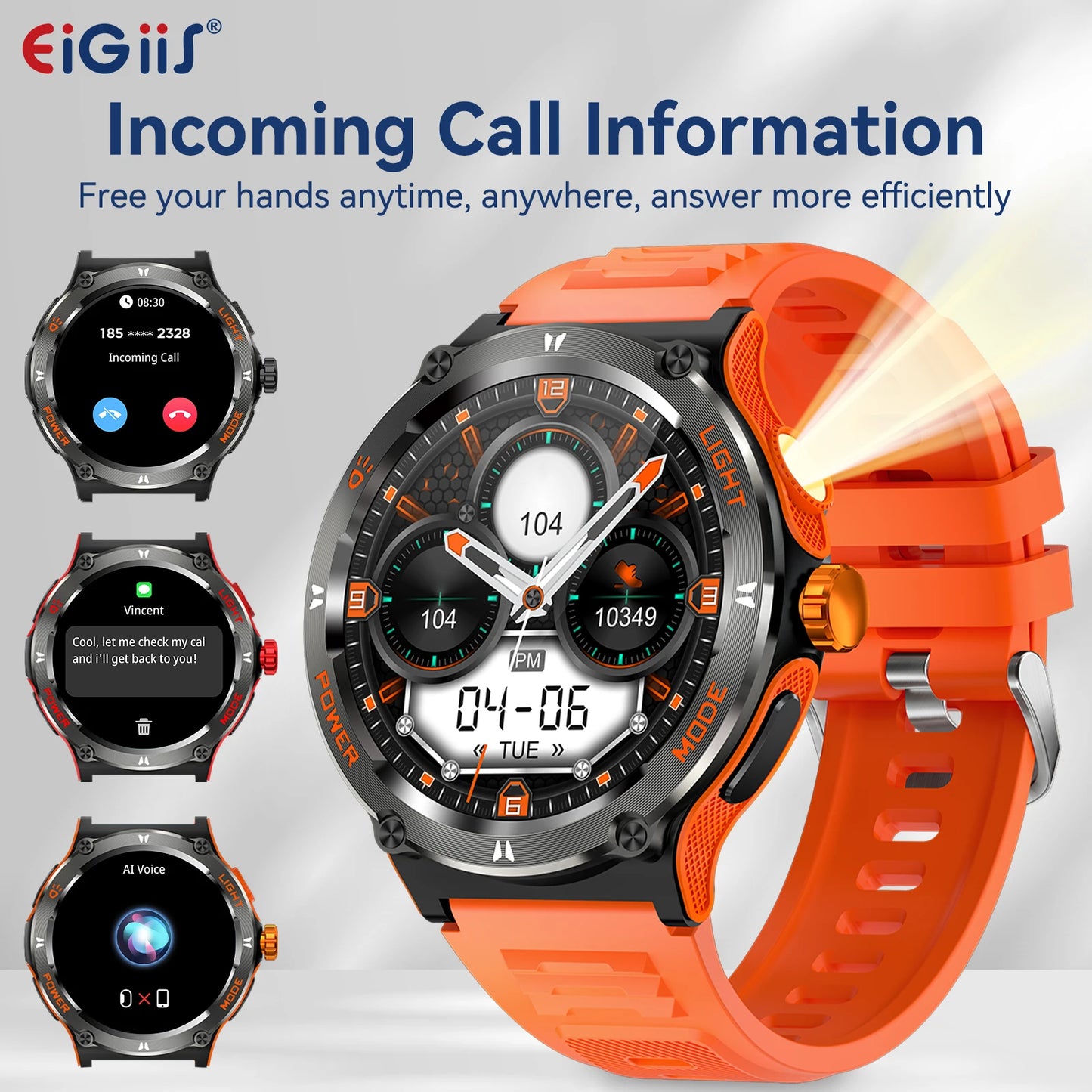 EIGIIS Smart Watch 3ATM Waterproof With Compass And LED Flashlight